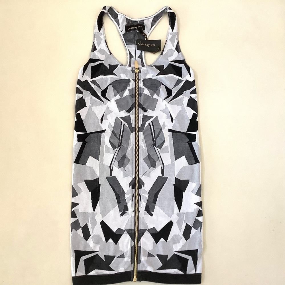 Whitney Eve Black Grey Geometric Print Stretch BodyCon Zipper Dress XS NWT B3/13